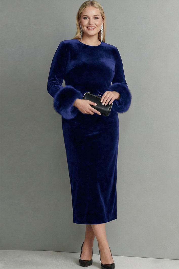 Dark Blue Velvet Sheath Plus Size Long Holiday Party Dress with Sleeves