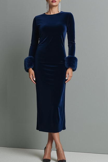 Dark Blue Velvet Sheath Plus Size Long Holiday Party Dress with Sleeves