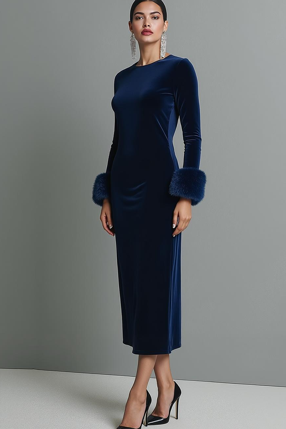 Dark Blue Velvet Sheath Plus Size Long Holiday Party Dress with Sleeves