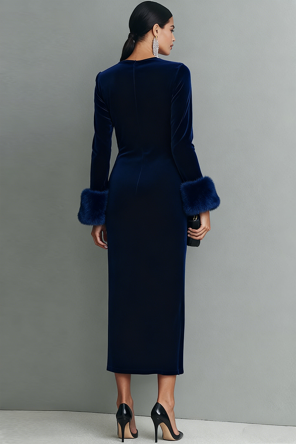 Dark Blue Velvet Sheath Long Formal Dress with Sleeves