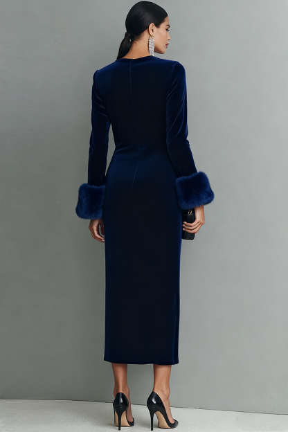 Dark Blue Velvet Sheath Long Formal Dress with Sleeves