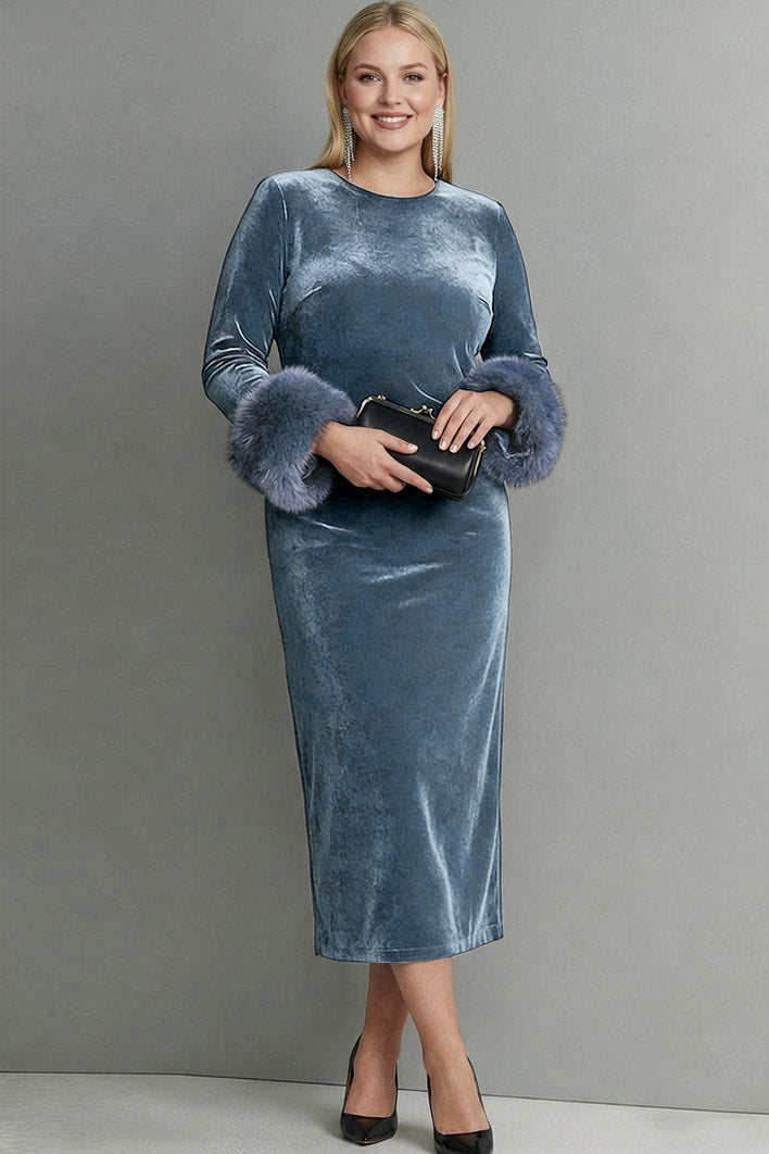 Dark Blue Velvet Sheath Plus Size Long Holiday Party Dress with Sleeves