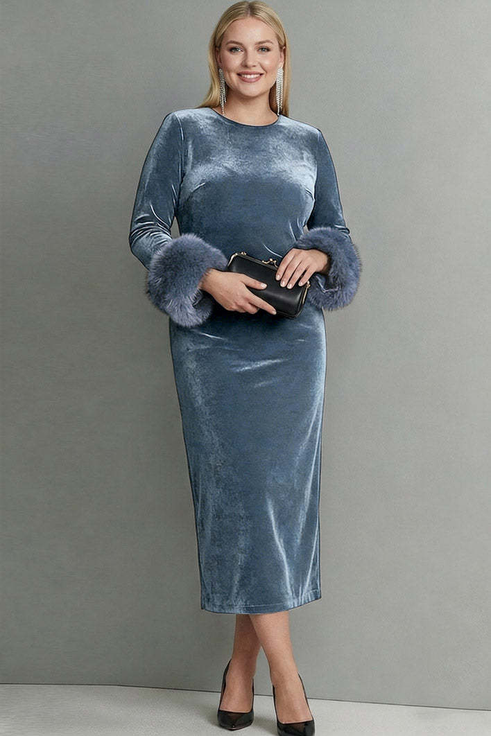 Dark Blue Velvet Sheath Plus Size Long Holiday Party Dress with Sleeves