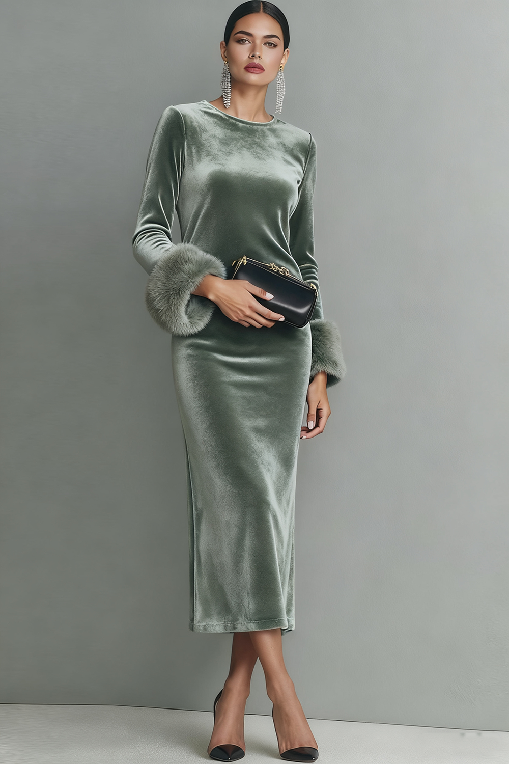 Dark Blue Velvet Sheath Long Formal Dress with Sleeves