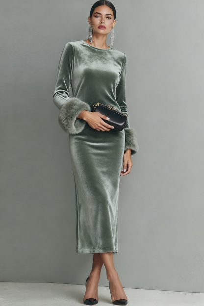 Dark Blue Velvet Sheath Long Formal Dress with Sleeves