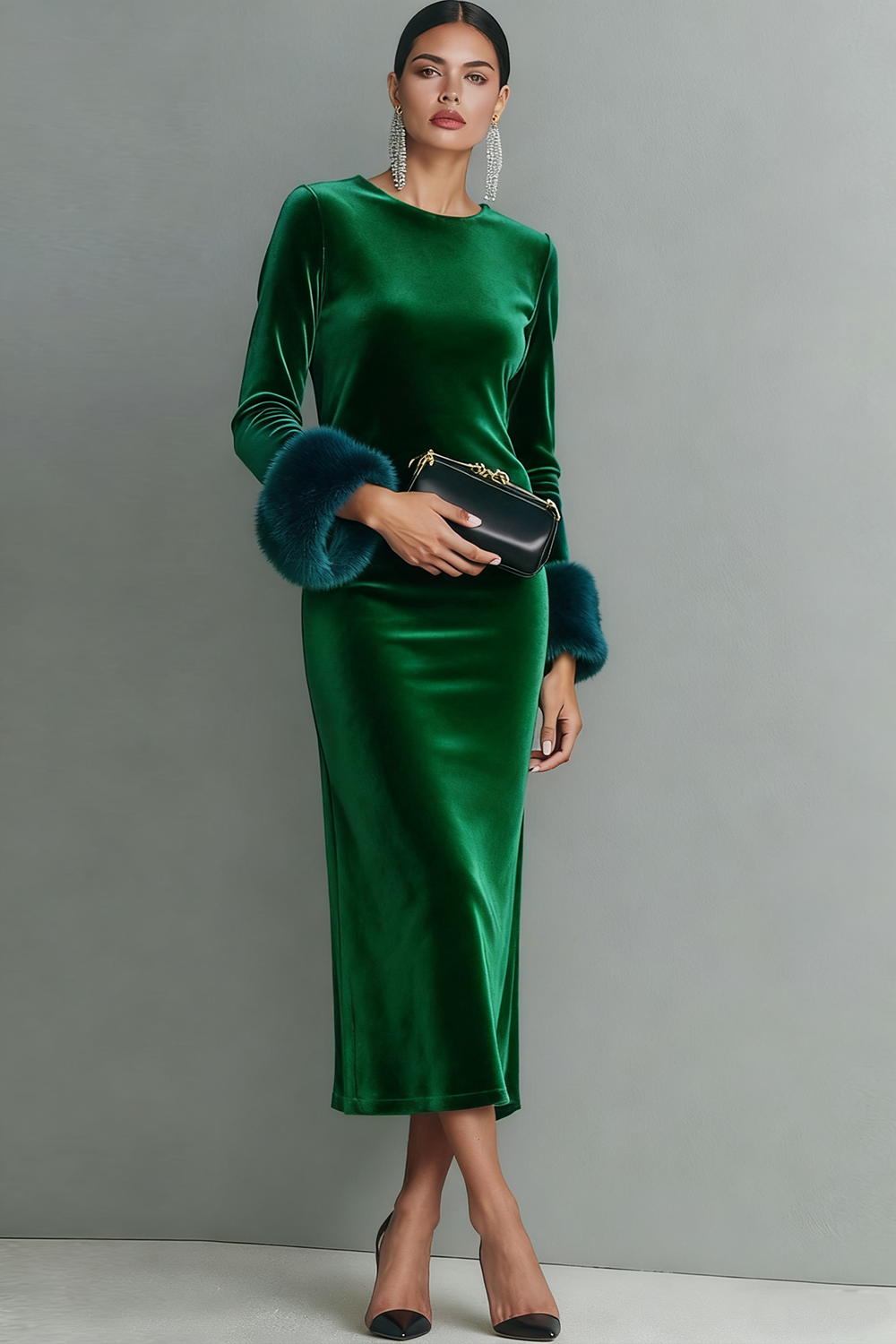 Dark Blue Velvet Sheath Long Formal Dress with Sleeves