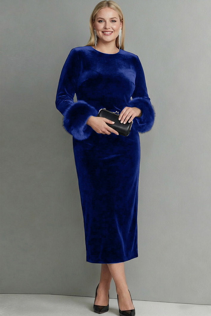 Dark Blue Velvet Sheath Plus Size Long Holiday Party Dress with Sleeves