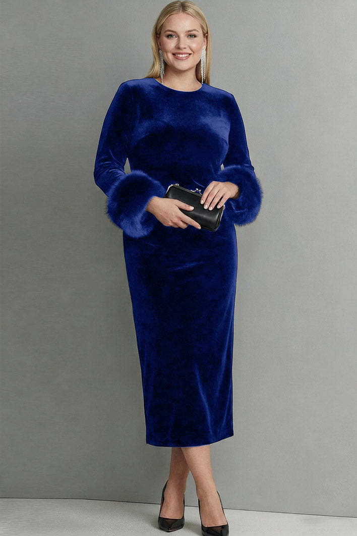 Dark Blue Velvet Sheath Plus Size Long Holiday Party Dress with Sleeves