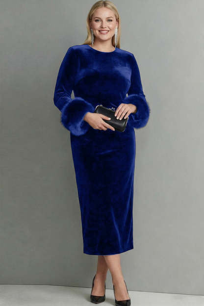 Dark Blue Velvet Sheath Plus Size Long Holiday Party Dress with Sleeves