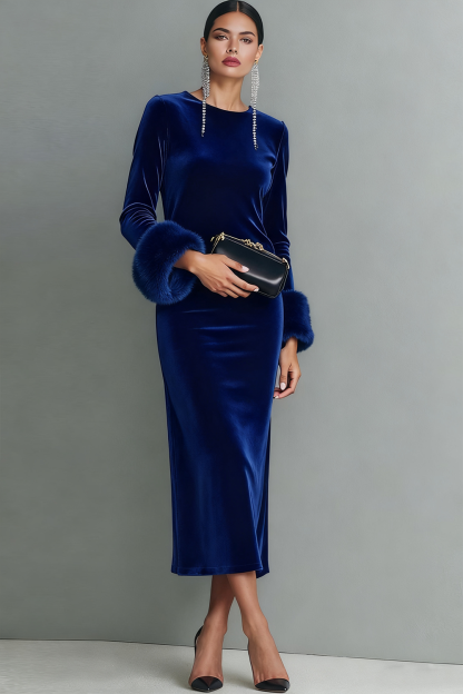 Dark Blue Velvet Sheath Long Formal Dress with Sleeves