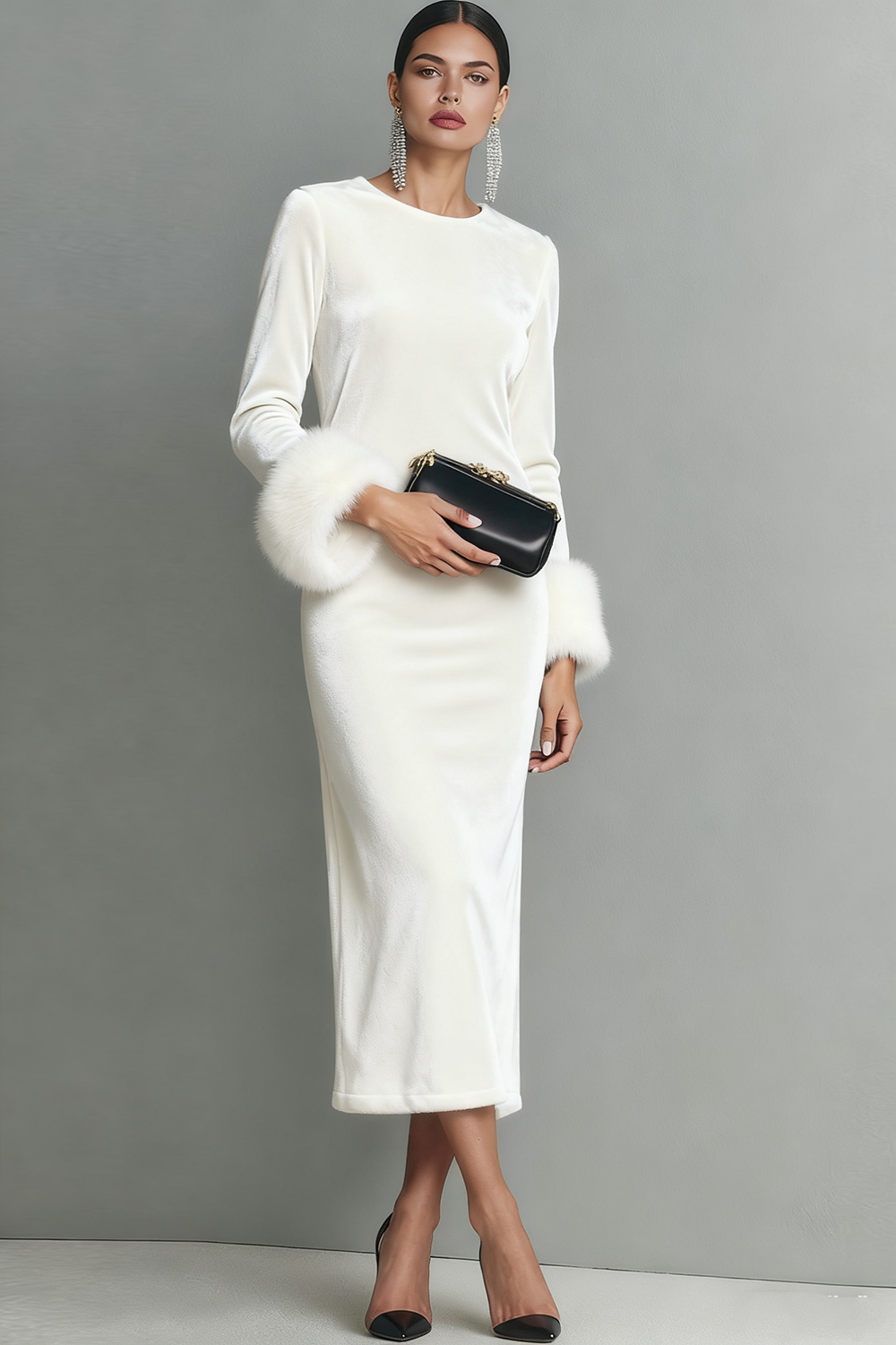 Dark Blue Velvet Sheath Long Formal Dress with Sleeves