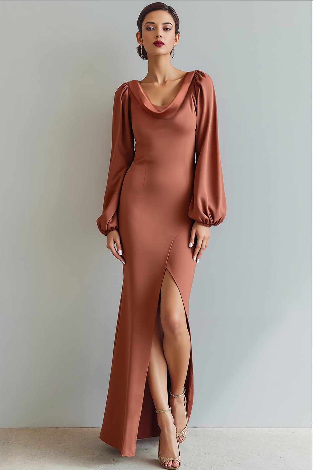 Leely Women Bronzer Maxi Satin Formal Dress with Slit Mermaid Cowl Neck Evening Dress with Sleeves