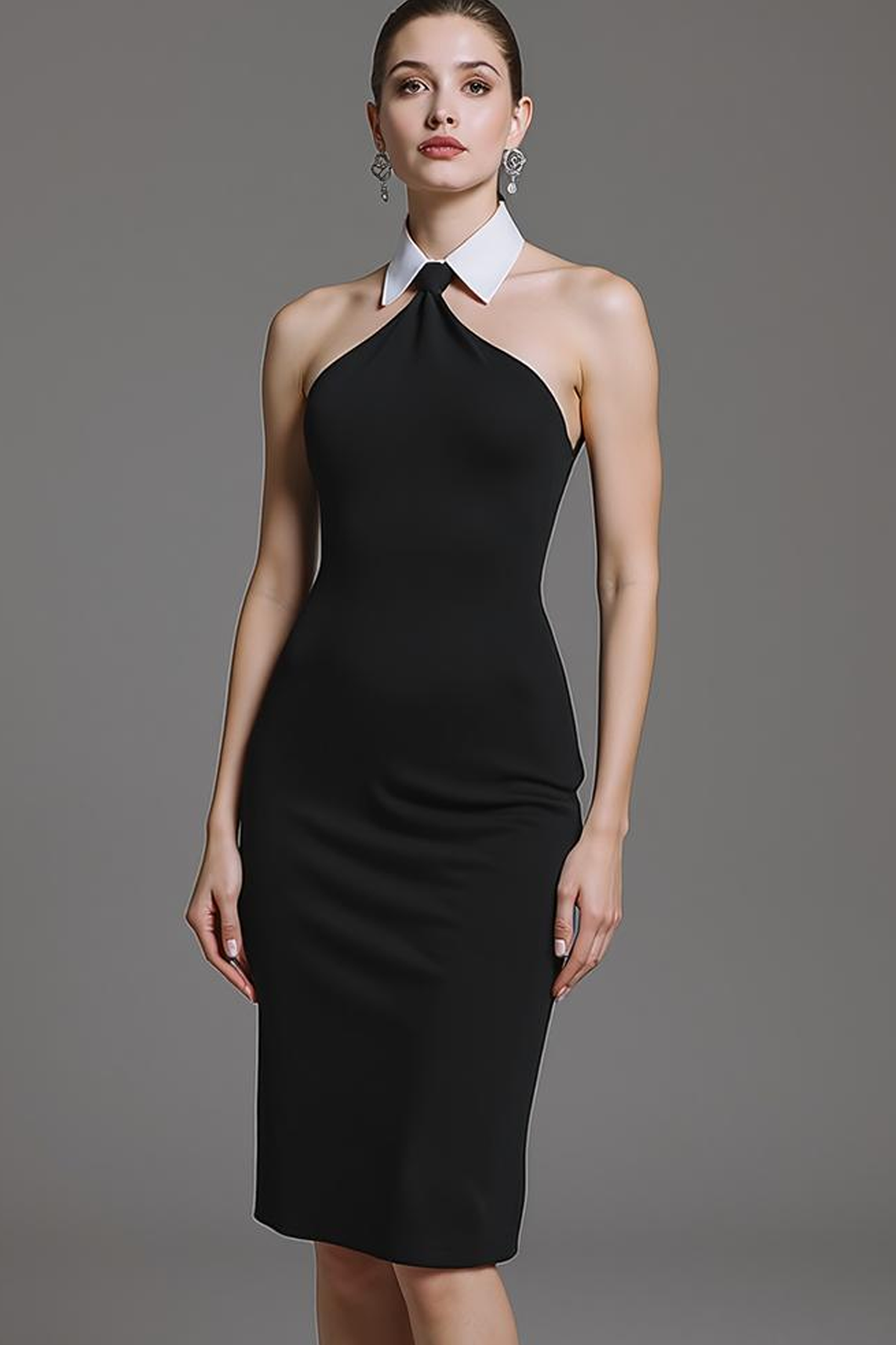 Black Midi Collar Neck Bodycon Backless Cocktail Dress
