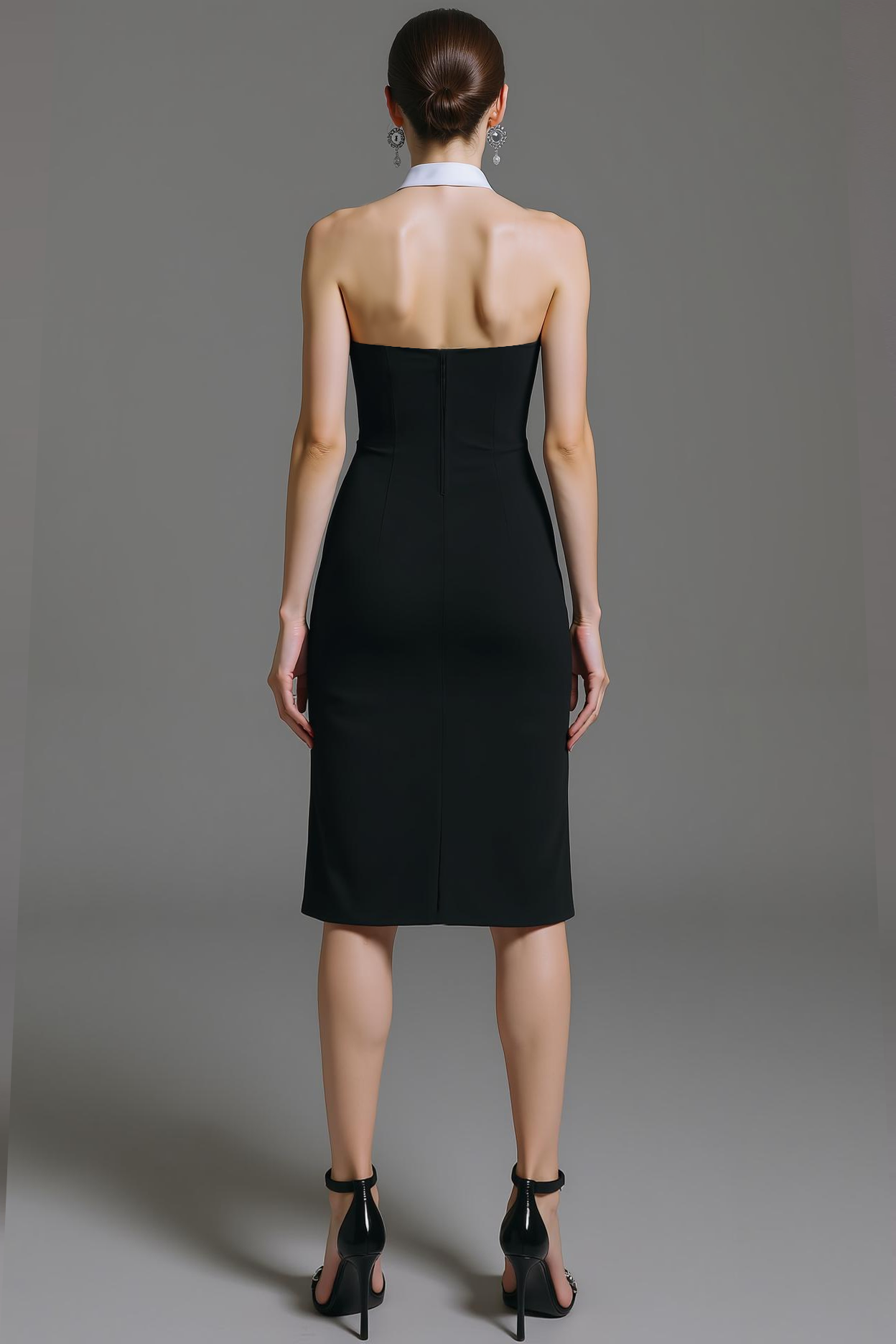 Black Midi Collar Neck Bodycon Backless Cocktail Dress