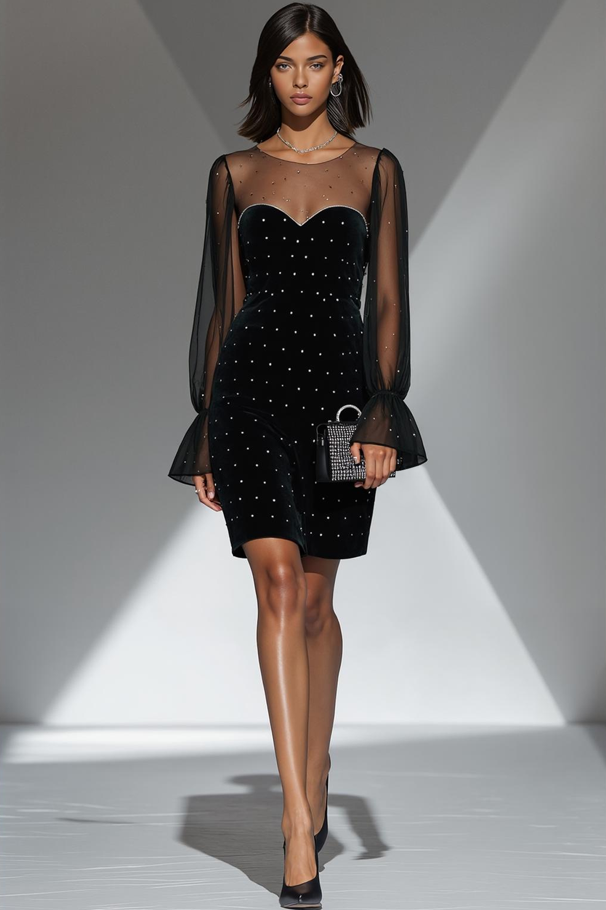 Sparkly Black Illusion Neck Velvet Bodycon Short Holiday Party Dress