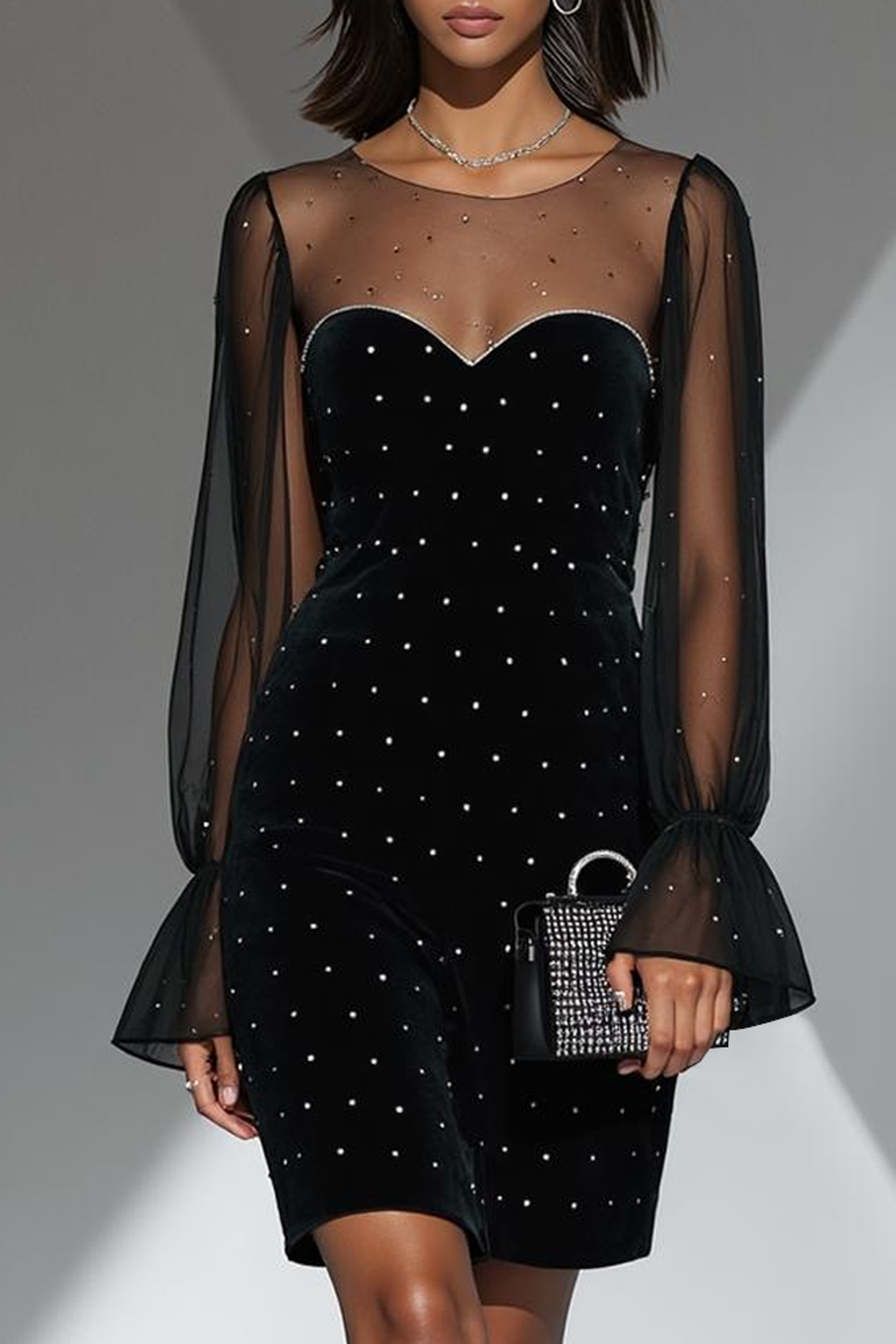 Sparkly Black Illusion Neck Velvet Bodycon Short Holiday Party Dress