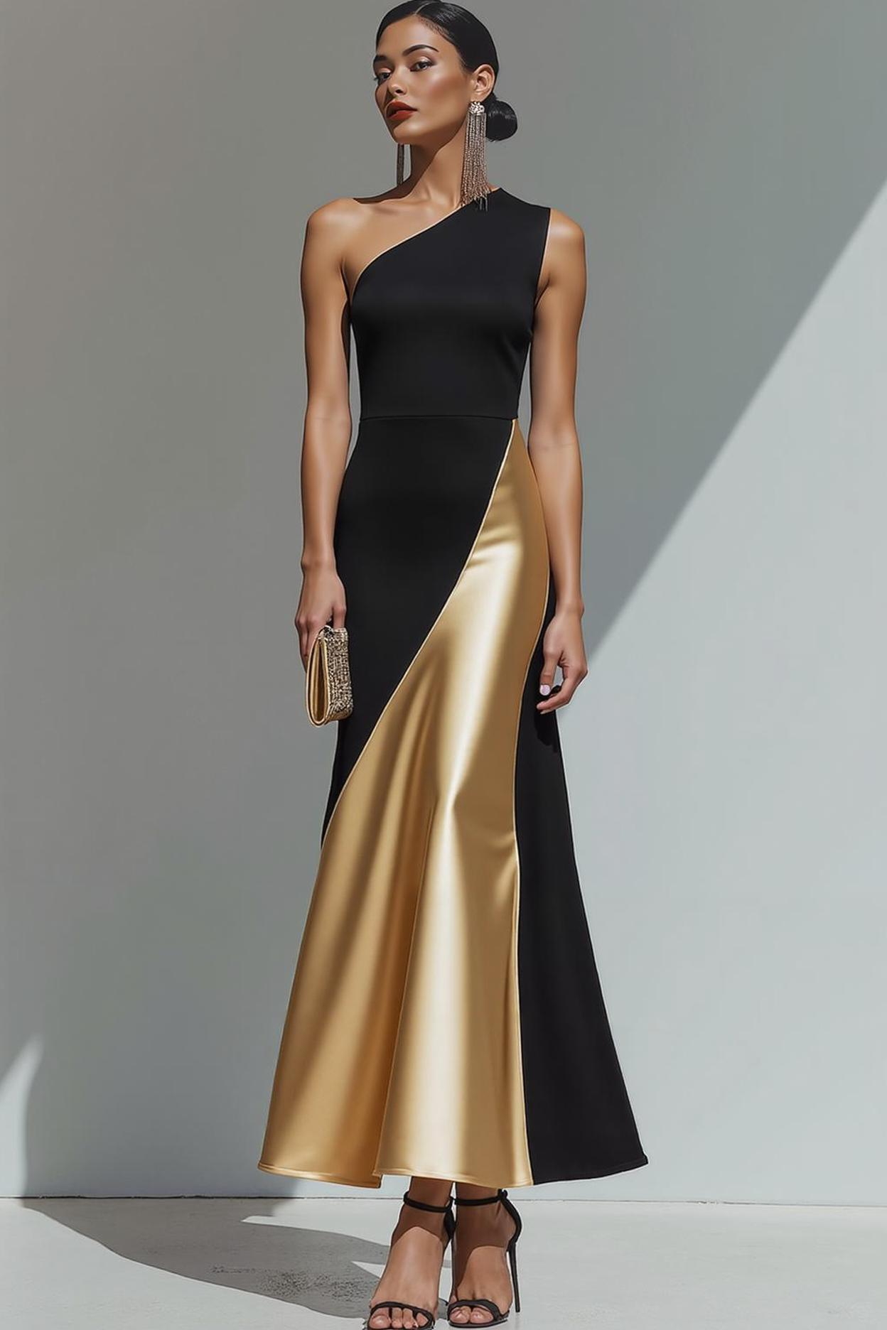 Leely Women Black Gold Patchwork Long Formal Dress Mermaid One Shoulder Evening Dress Leely Women Black Gold Patchwork Long Formal Dress Mermaid One Shoulder Evening Dress