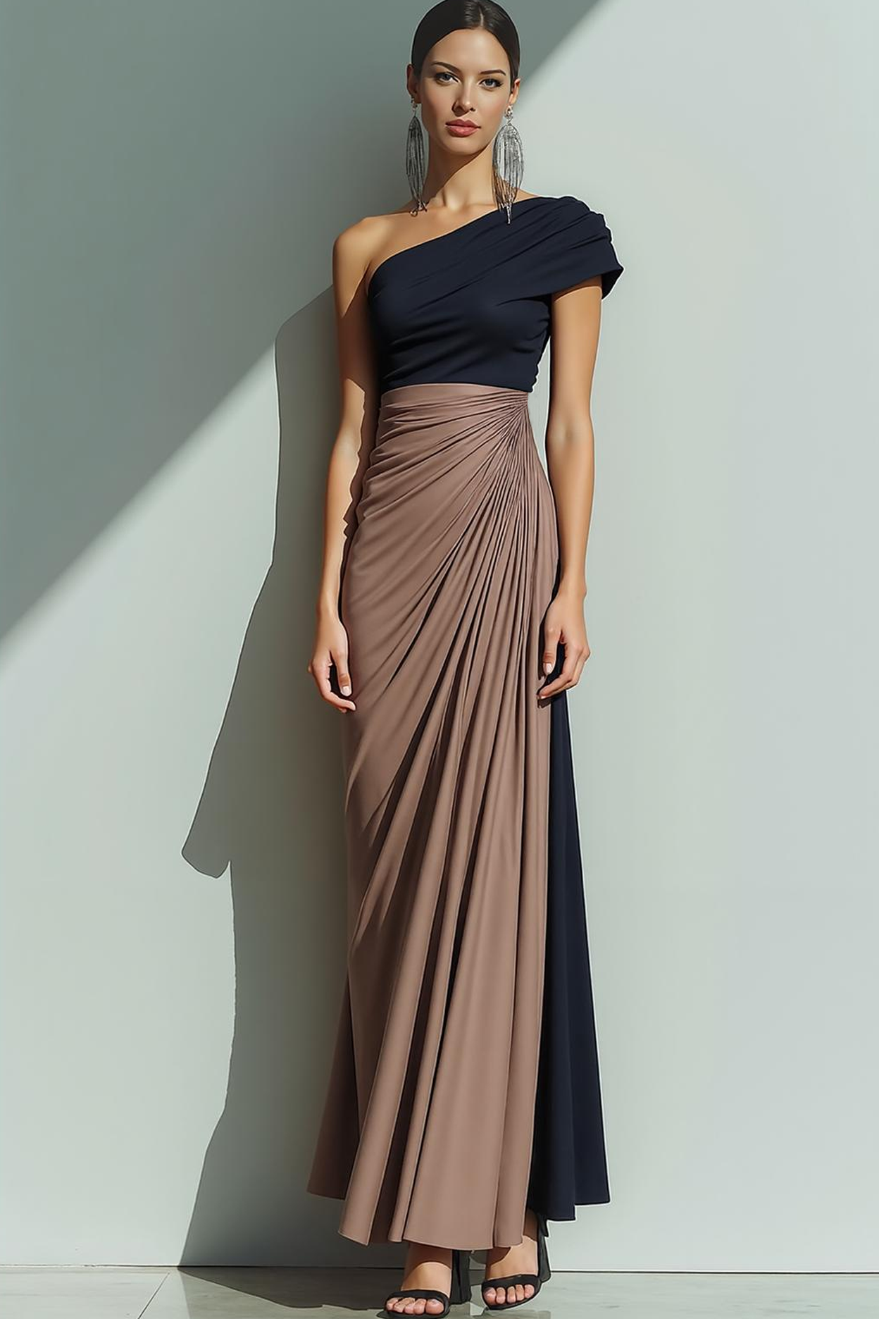Brown Sheath One Shoulder Ruched Maxi Formal Dress