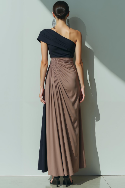Brown Sheath One Shoulder Ruched Maxi Formal Dress