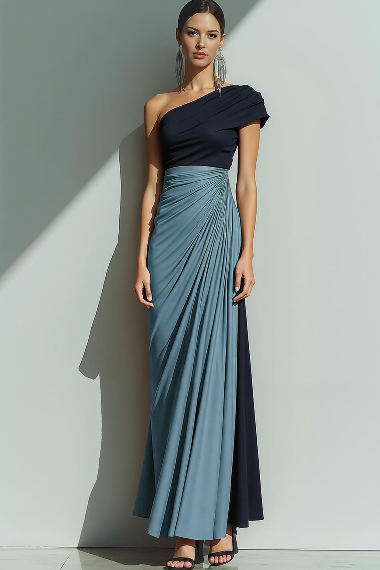 Leely Women Brown Black Sheath Maxi Formal Dress Patchwork One Shoulder Ruched Evening Dress