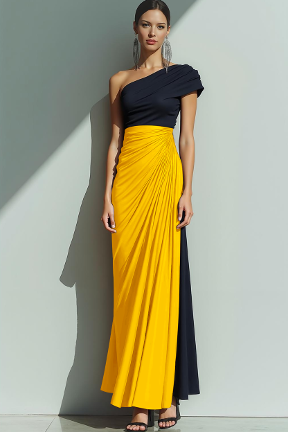 Brown Sheath One Shoulder Ruched Maxi Formal Dress