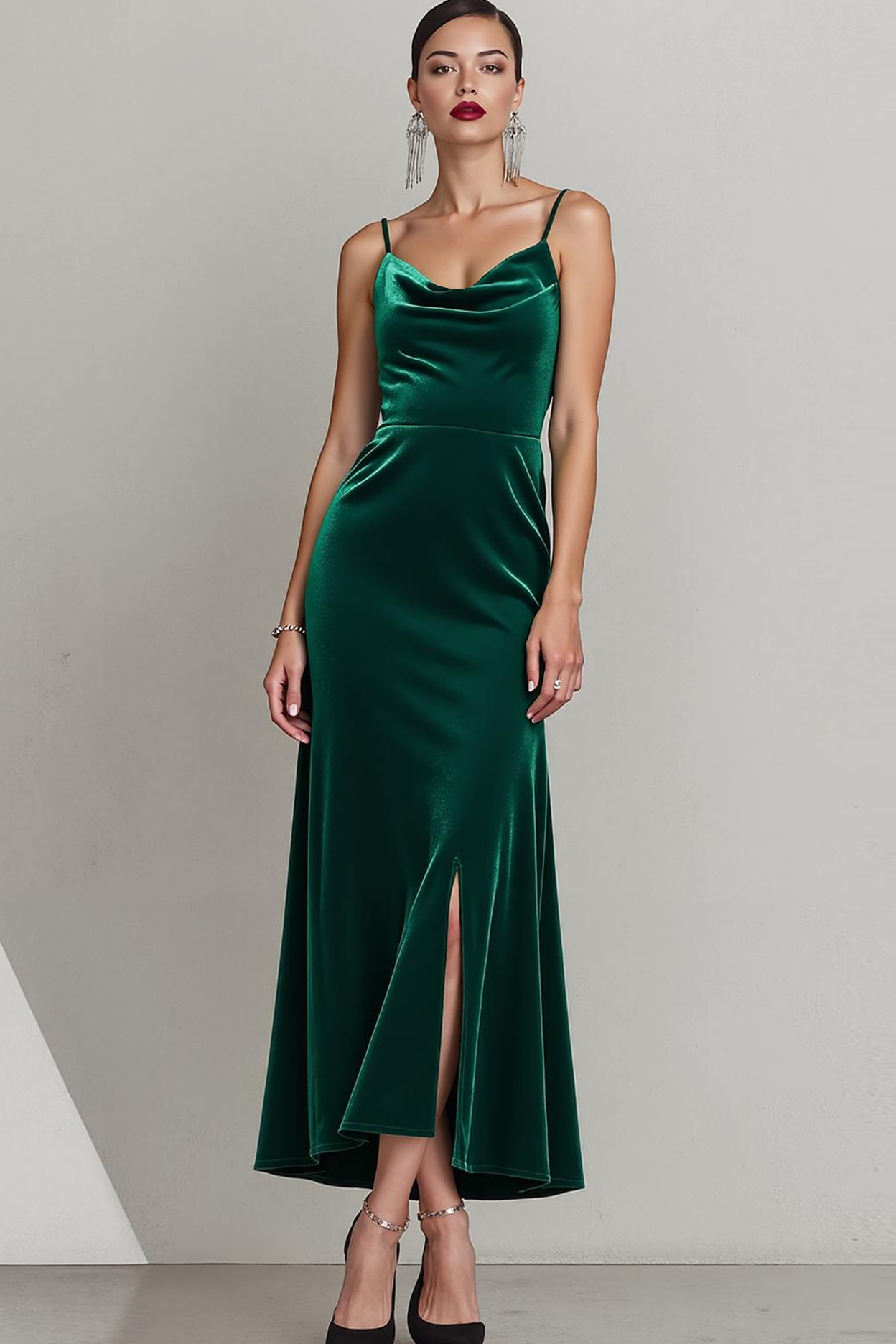 Leely Women Dark Green Velvet Maxi Evening Dress with Slit Sheath Spaghetti Straps Holiday Party Dress