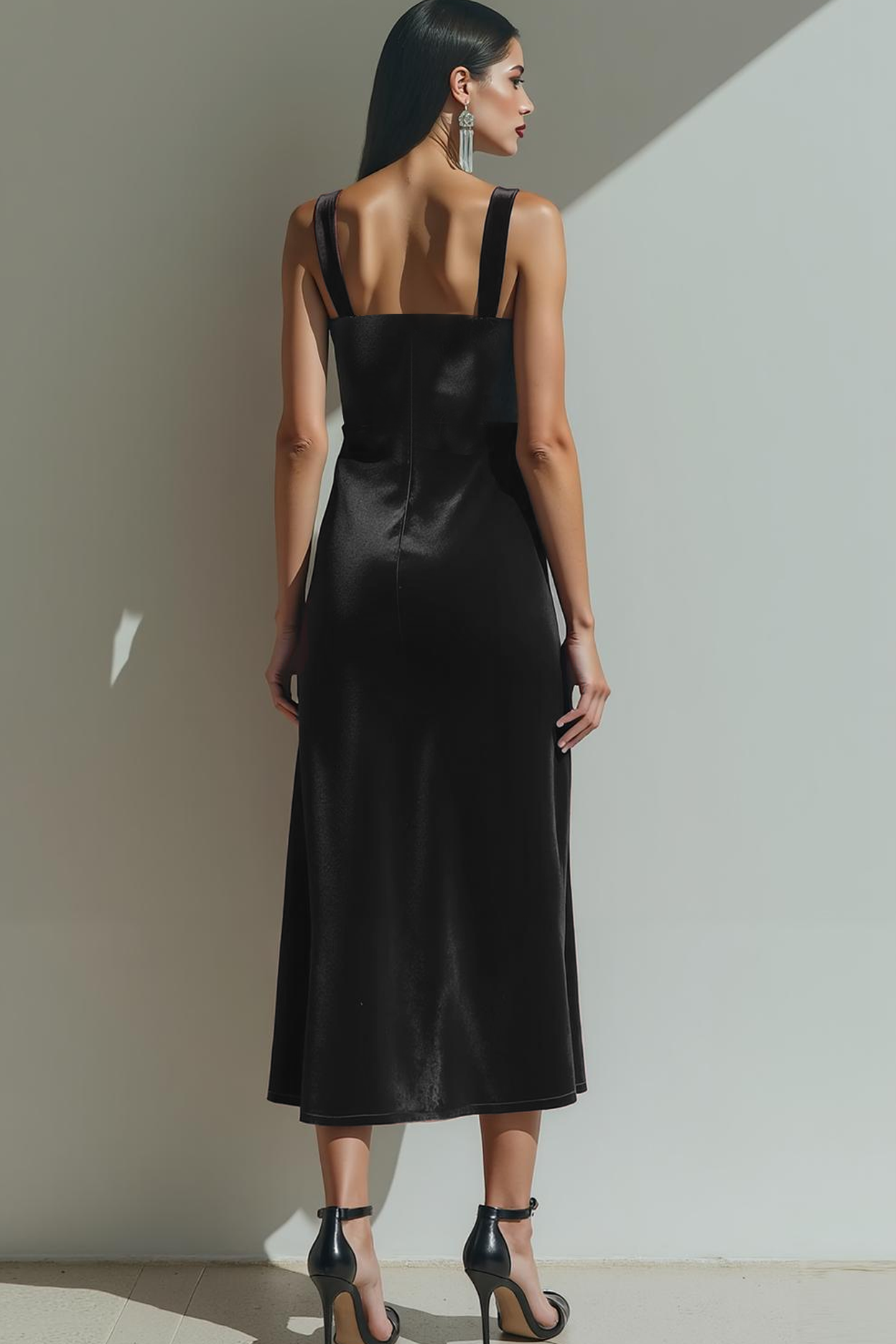 Black Sheath Velvet Thick Straps Maxi Formal Dress with Slit