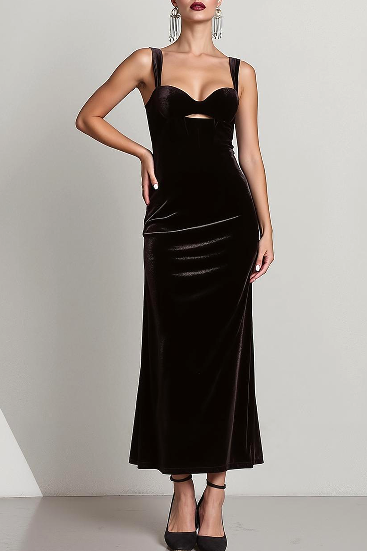 Black Sheath Velvet Thick Straps Maxi Formal Dress with Slit
