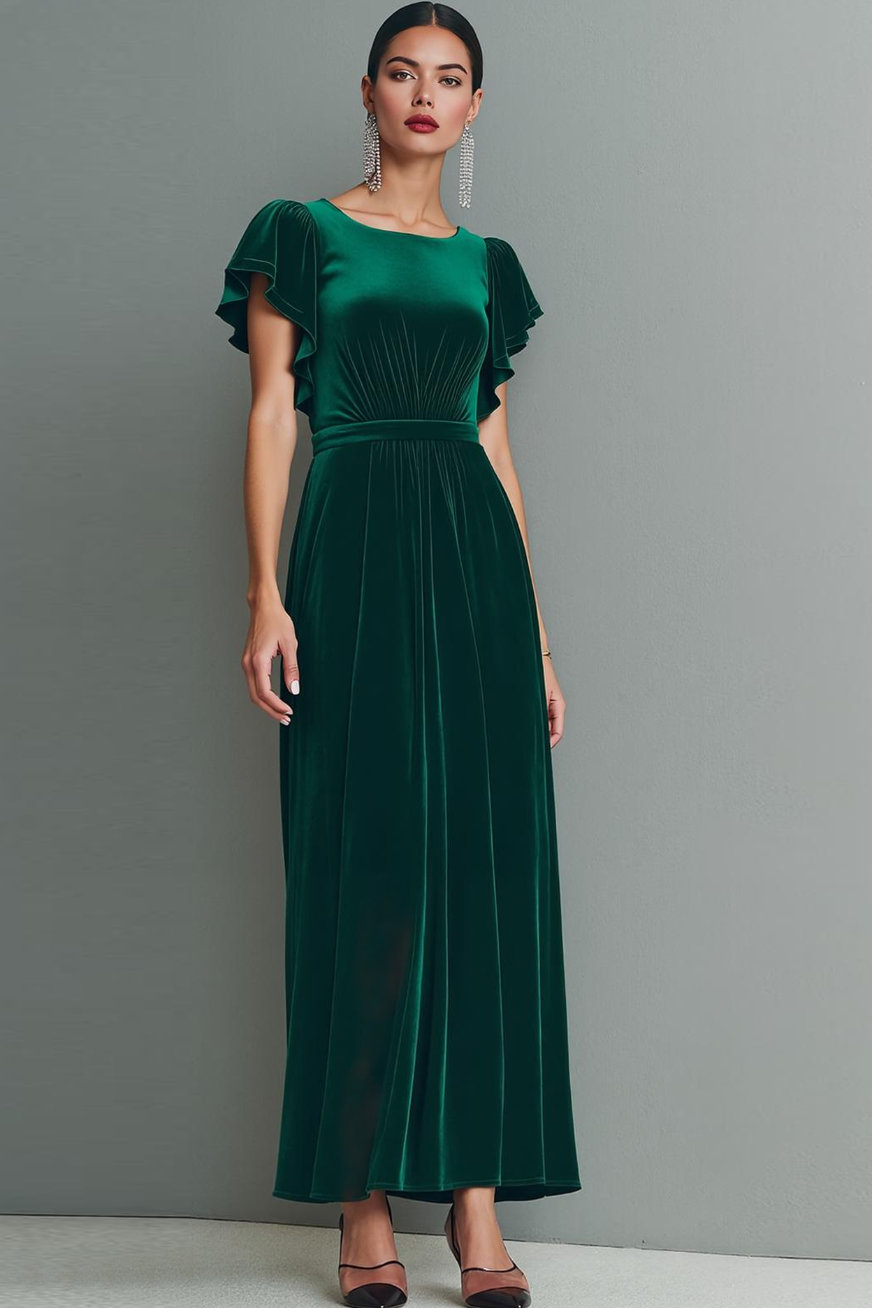Leely Women Dark Green Velvet Maxi Holiday Party Dress with Sleeves Sheath Scoop Neck Formal Dress