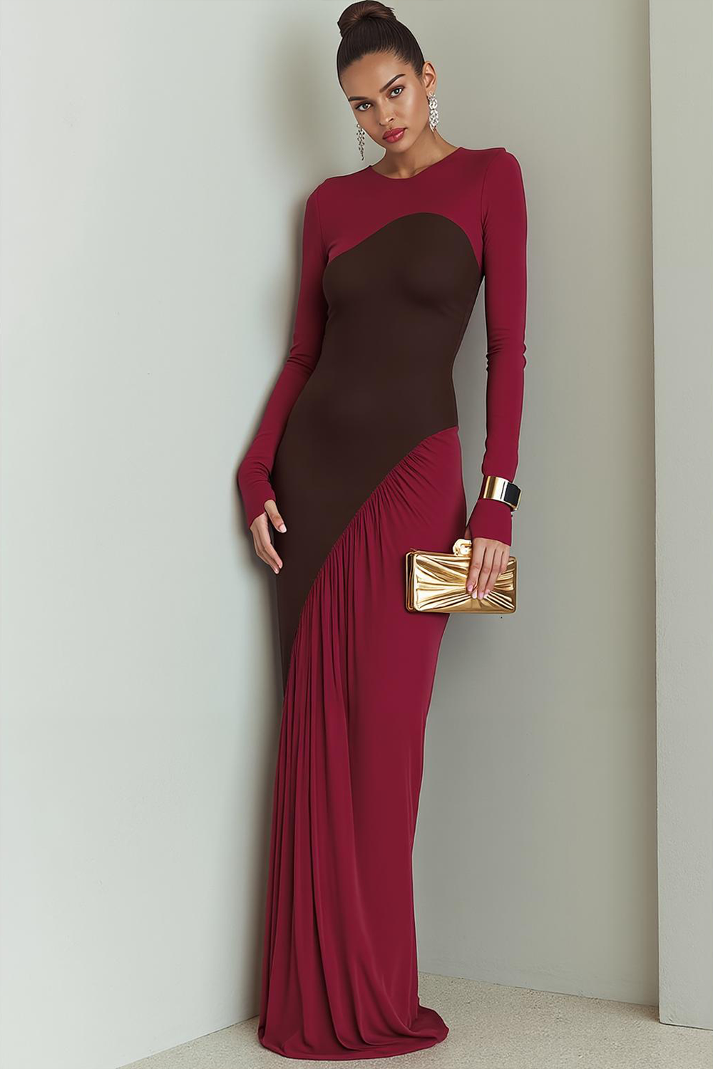 Leely Women Cabernet Chiffon Evening Dress with Sleeves Mermaid Round Neck Long Formal Dress