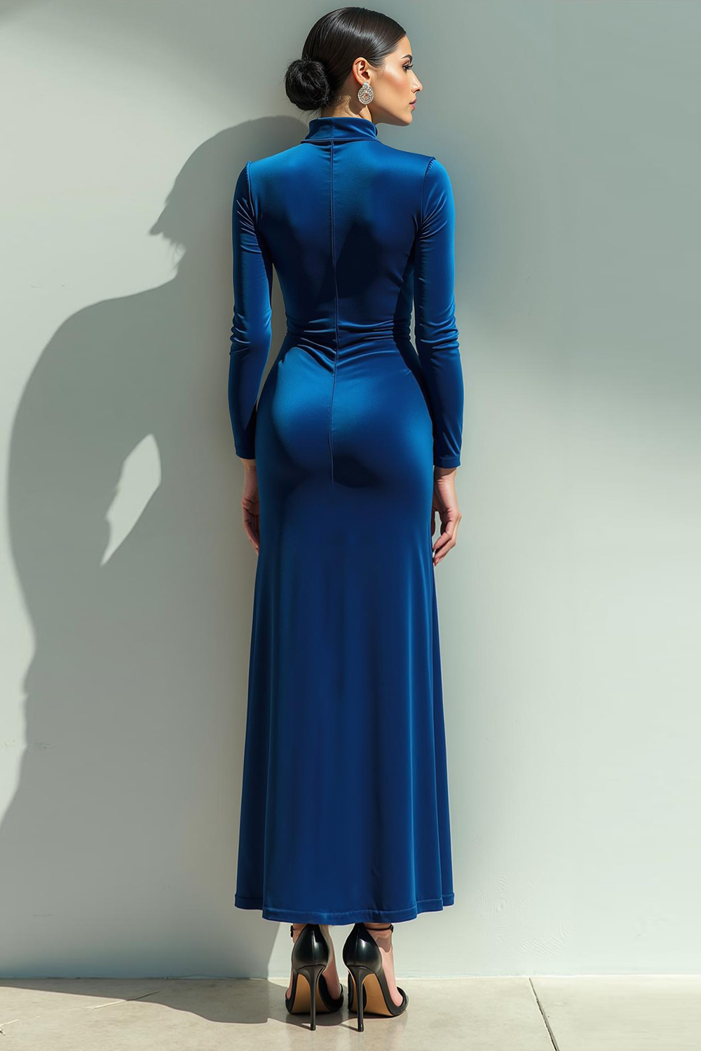 Royal Blue Velvet High Neck Ruched Long Formal Dress with Slit