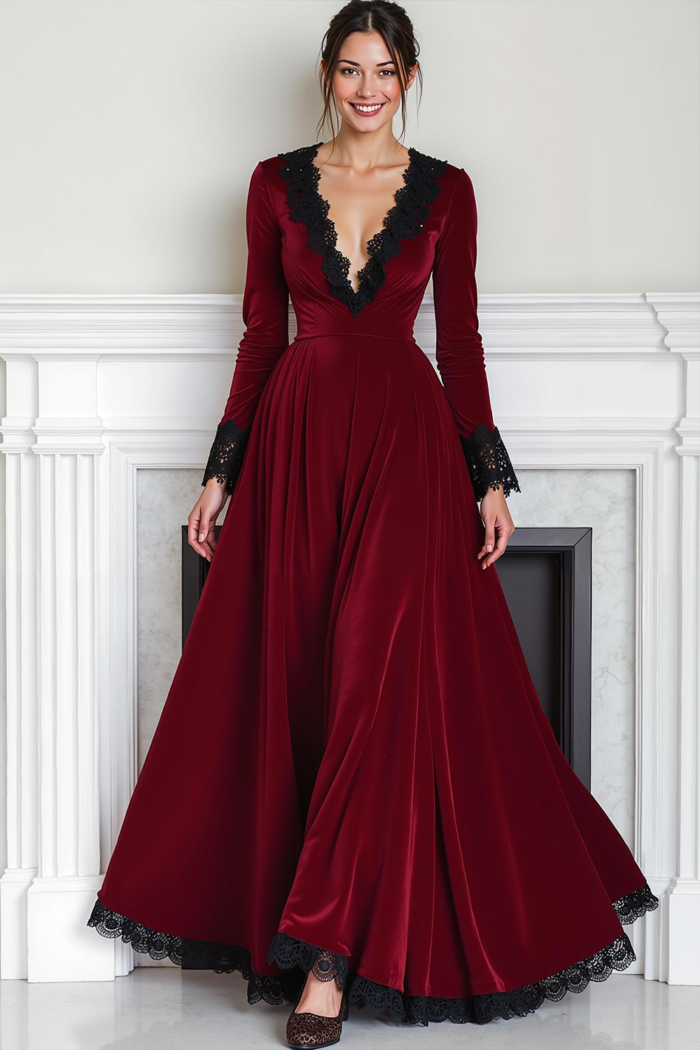Leely Women Cabernet Velvet Maxi Formal Dress with Lace A Line Deep V-Neck Holiday Party Dress with Sleeves