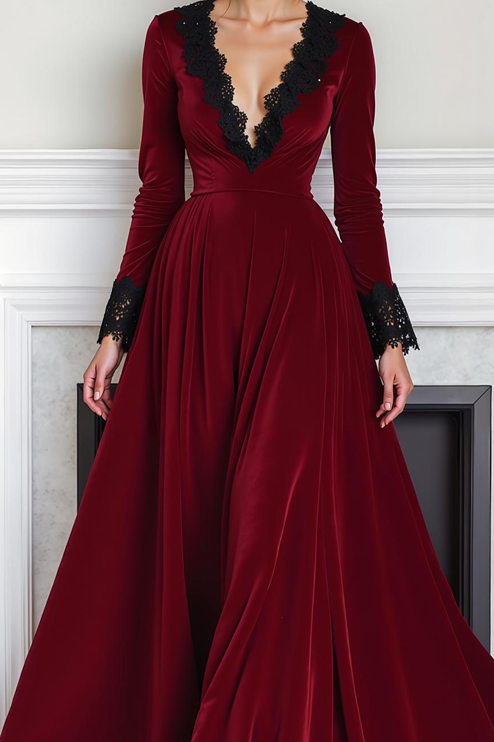 Cabernet A Line Velvet Maxi Evening Dress with Lace
