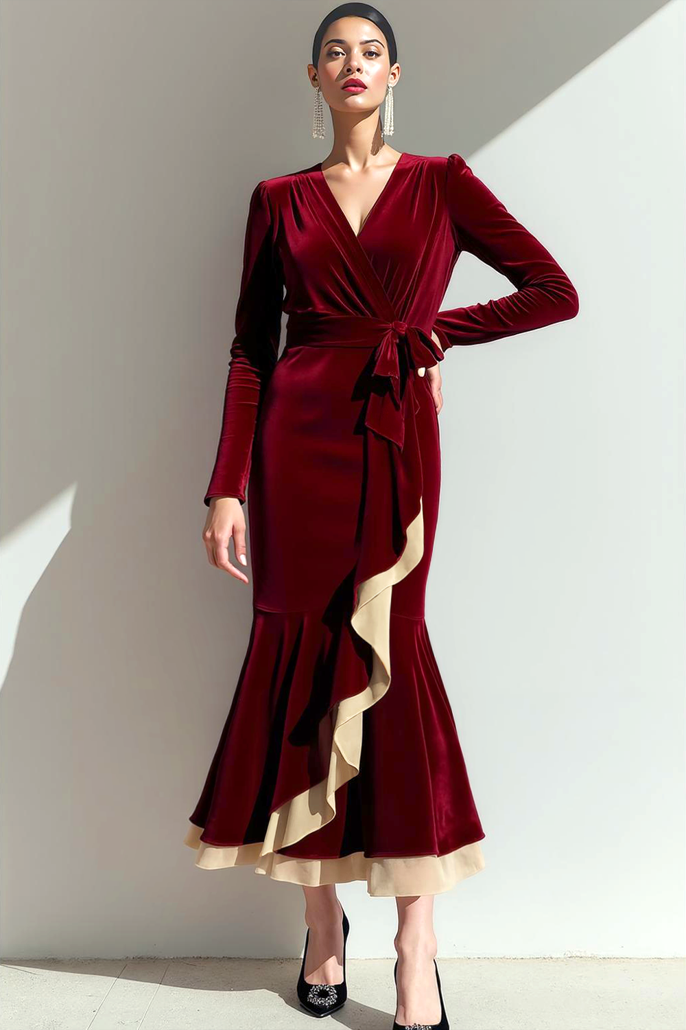 Cabernet V-Neck Velvet Mermaid Maxi Evening Dress with Ruffles