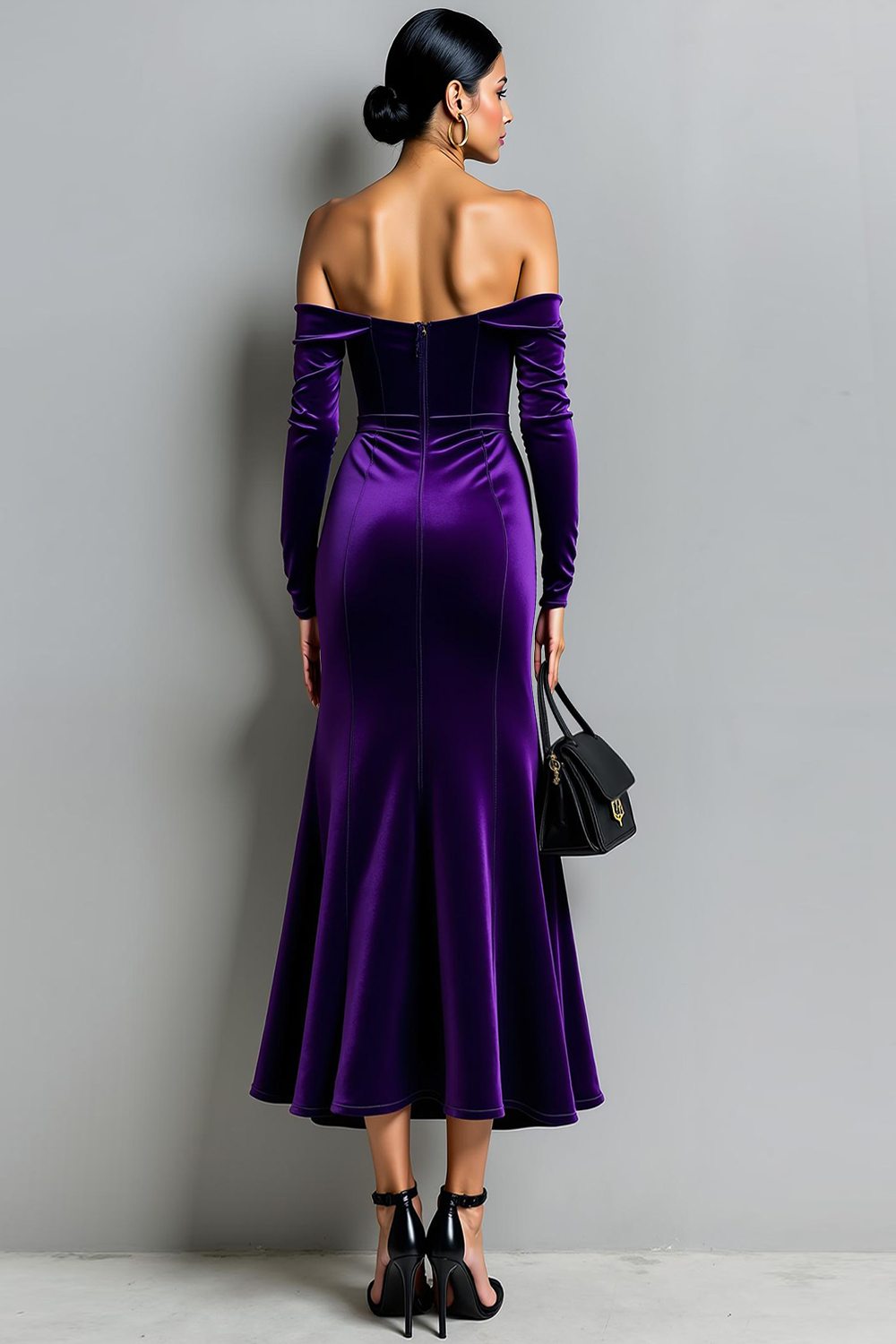 Dark Purple Mermaid Off the Shoulder Velvet Long Evening Dress