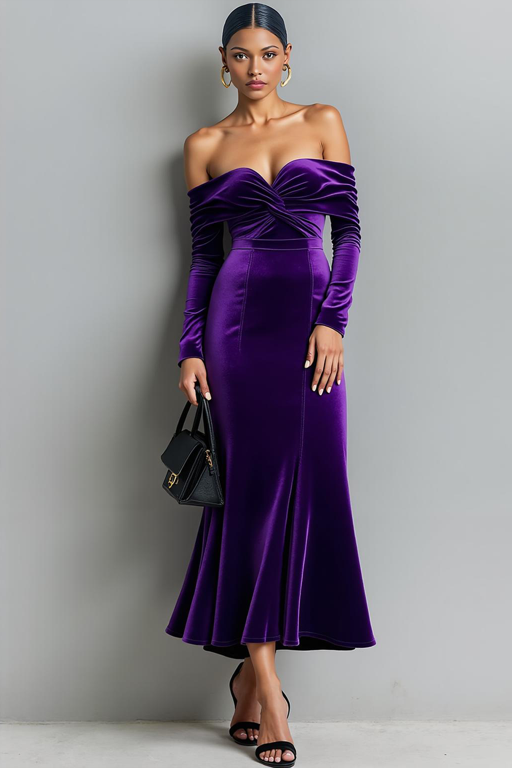 Leely Women Dark Purple Mermaid Long Evening Dress Velvet Off the Shoulder Holiday Party Dress
