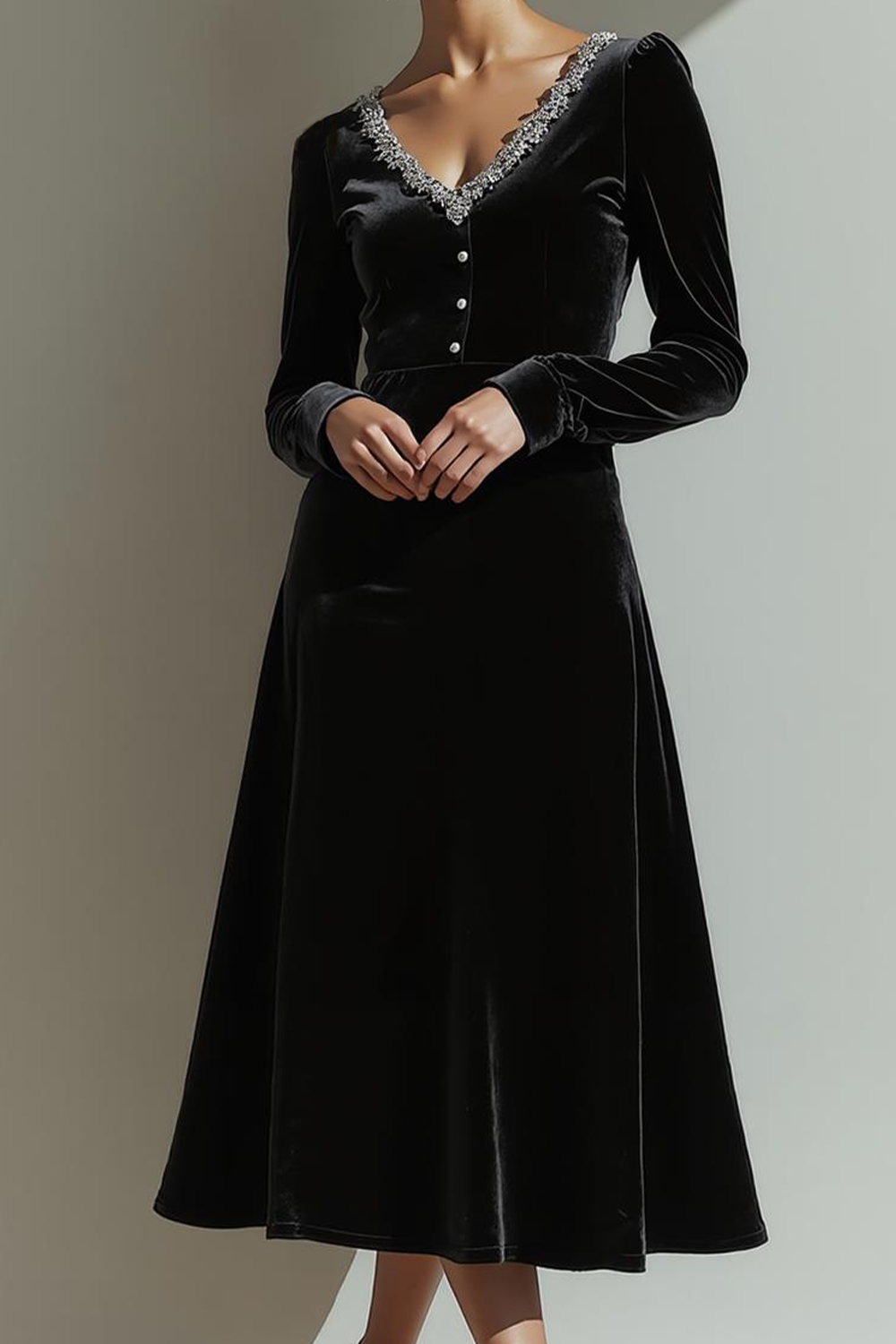 Black A Line Velvet V-Neck Maxi Formal Dress with Sleeves