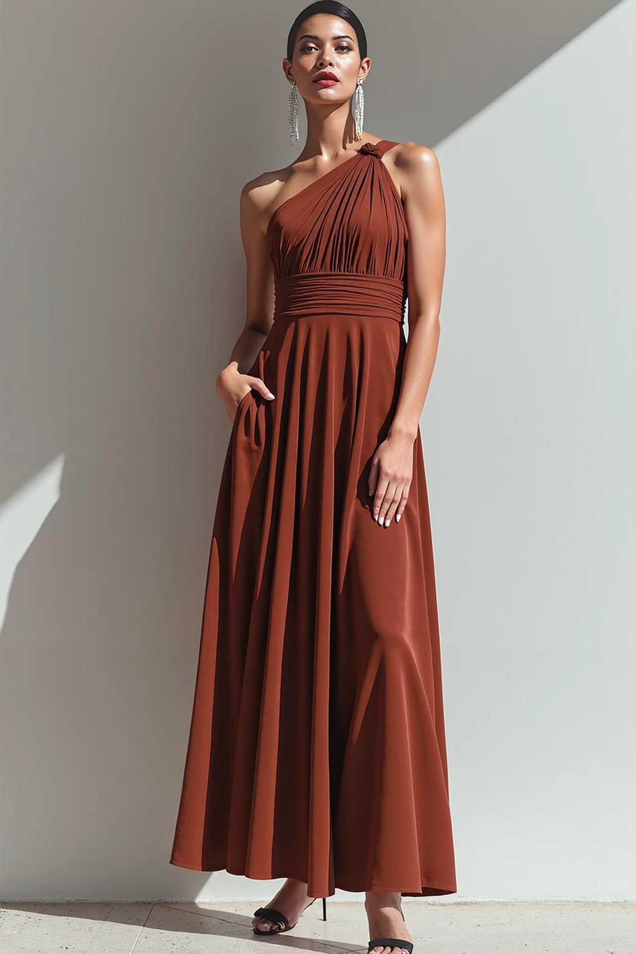 Leely Women Terracotta Velvet Formal Dress with Pocket Sheath One Shoulder Long Holiday Party Dress