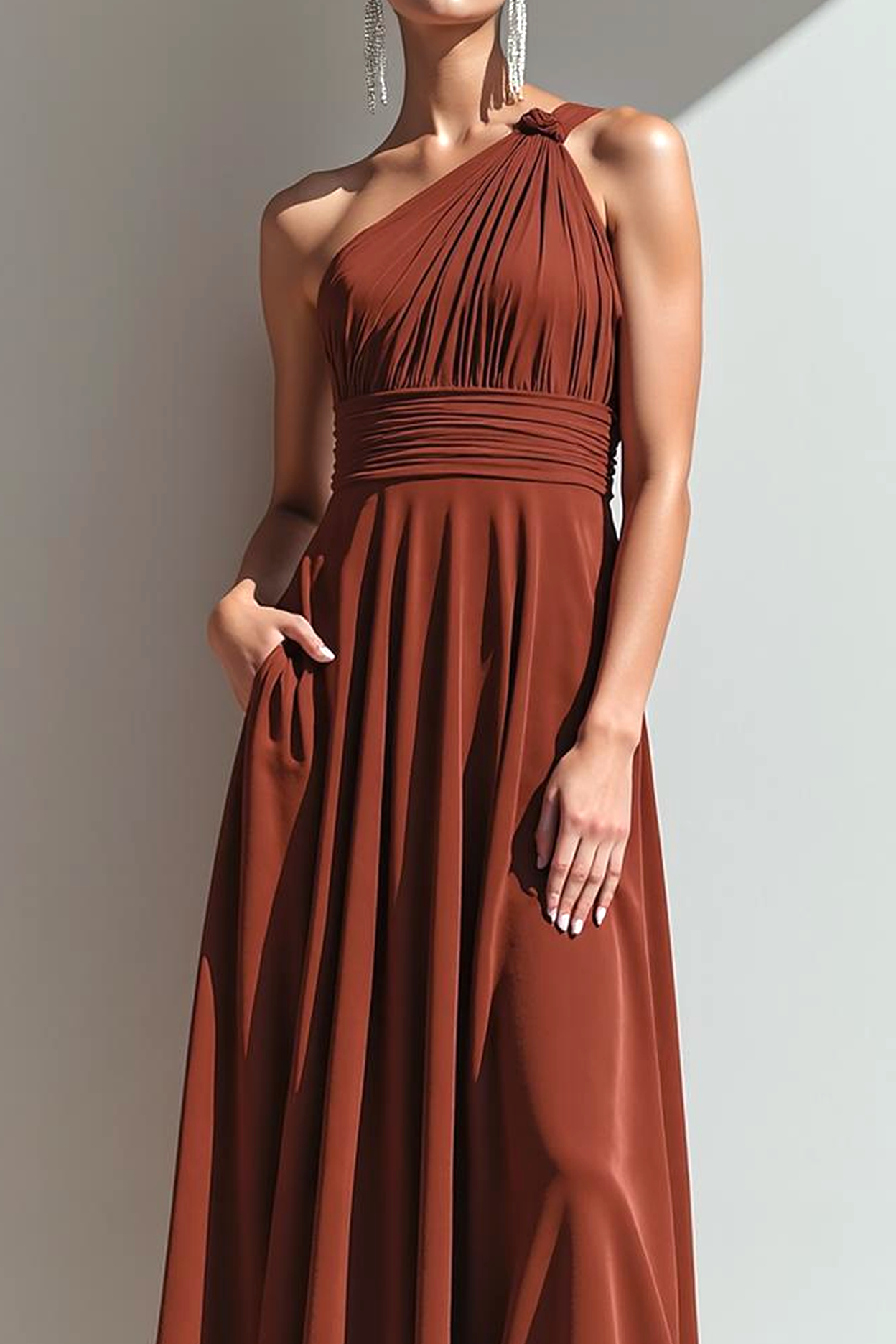 Terracotta Velvet One Shoulder Long Formal Dress with Pocket