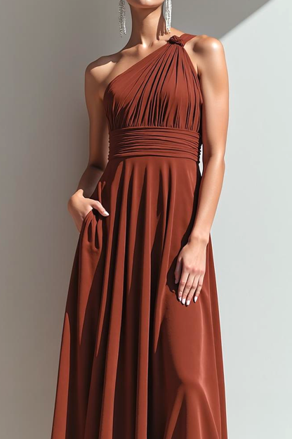 Terracotta Velvet One Shoulder Long Formal Dress with Pocket