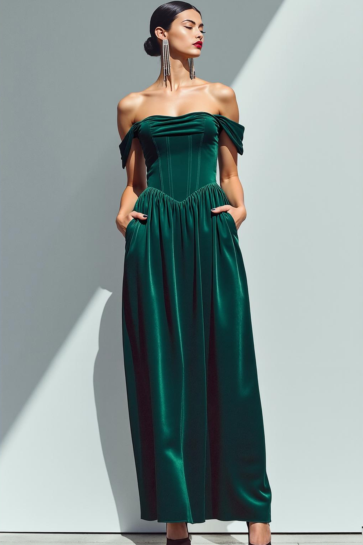Leely Women Dark Green Corset Velvet Evening Dress with Pockets Sheath Off the Shoulder Maxi Holiday Party Dress