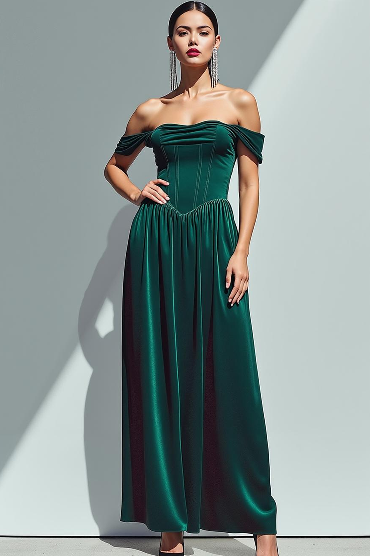 Dark Green Corset Sheath Velvet Maxi Evening Dress with Pockets