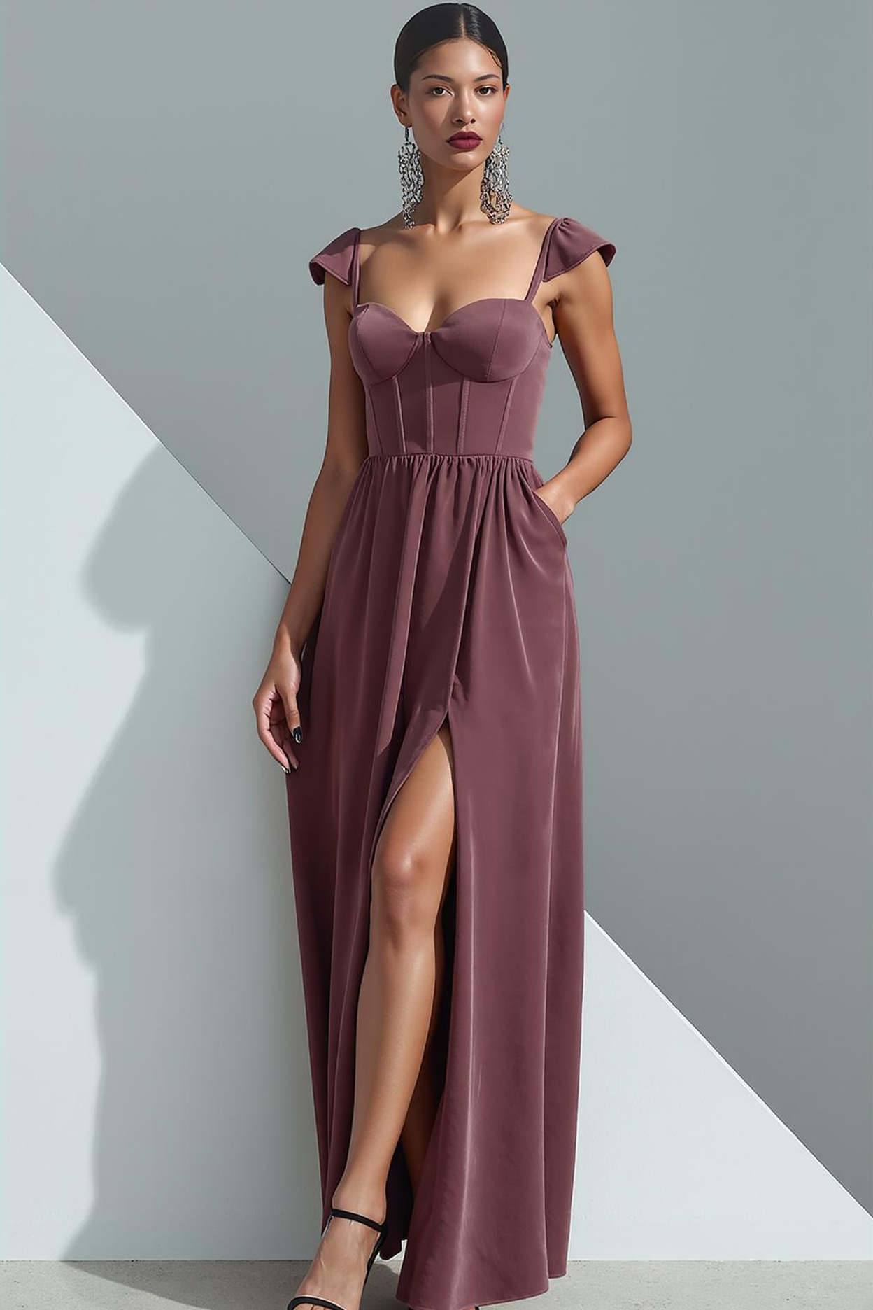 Leely Women Desert Rose Corset Velvet Evening Dress with Pocket Sheath Long Holiday Party Dress with Slit