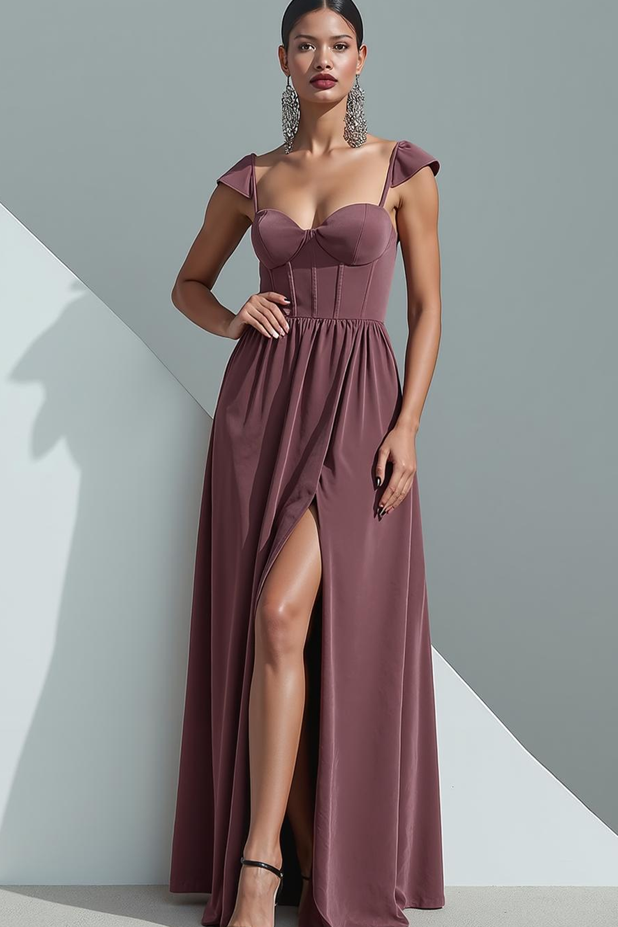 Desert Rose Corset Velvet Sheath Long Evening Dress with Slit