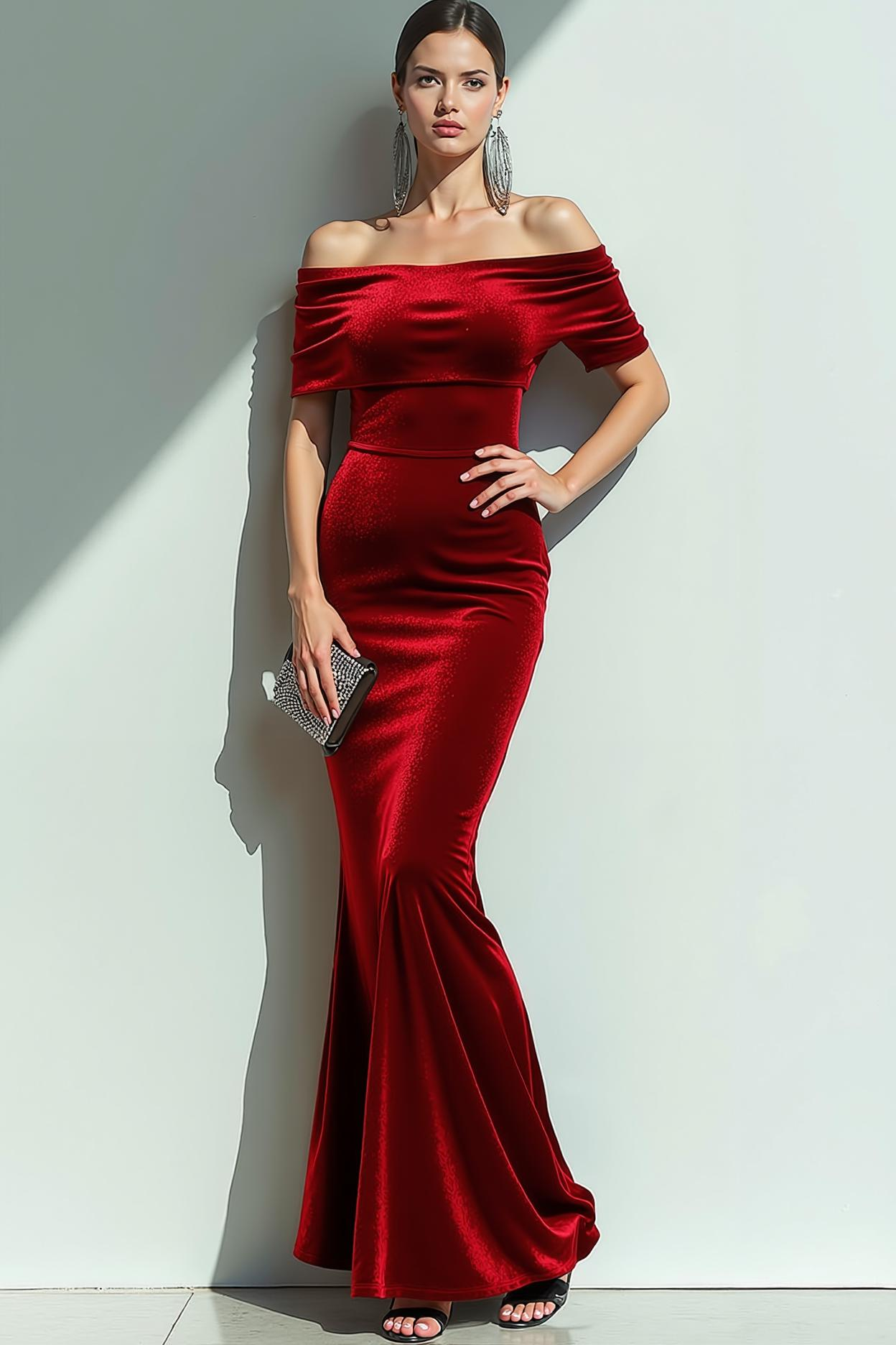 Leely Women Navy Velvet Long Formal Dress Mermaid Off the Shoulder Holiday Party Dress