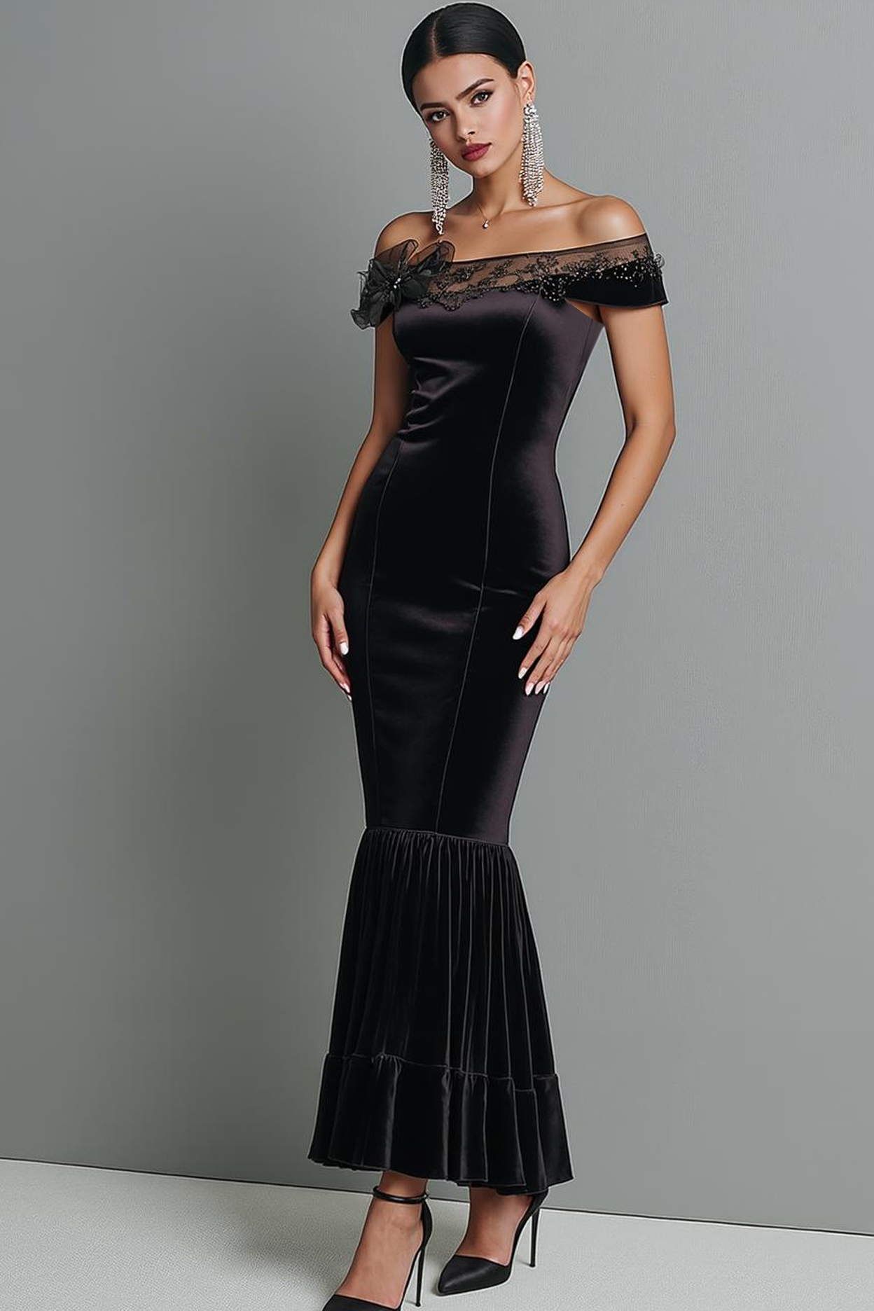Leely Women Black Mermaid Velvet Evening Dress with 3D Flower Off the Shoulder Maxi Holiday Party Dress