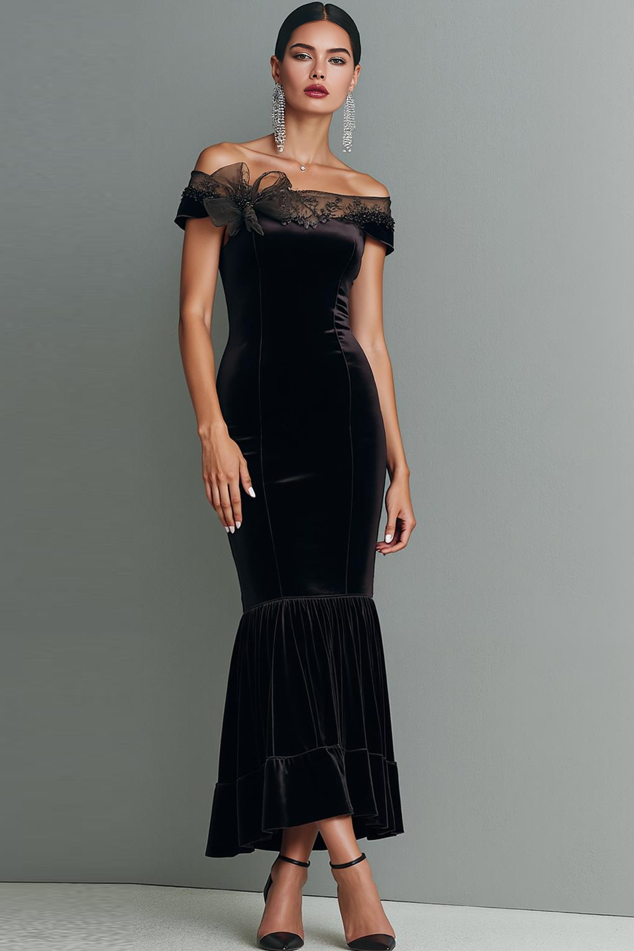 Black Mermaid Velvet Off the Shoulder Maxi Evening Dress with 3D Flower