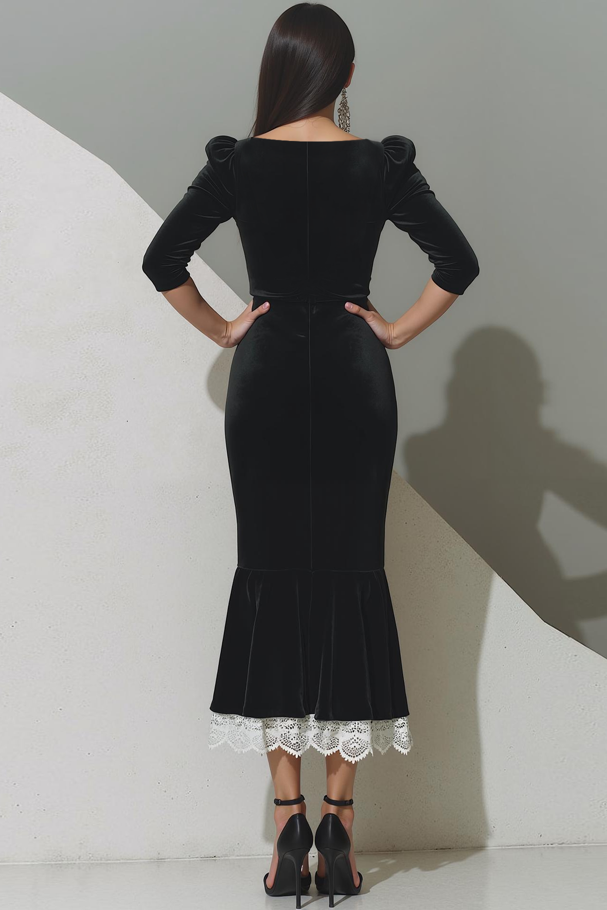 Black Velvet Mermaid Long Evening Dress with Lace