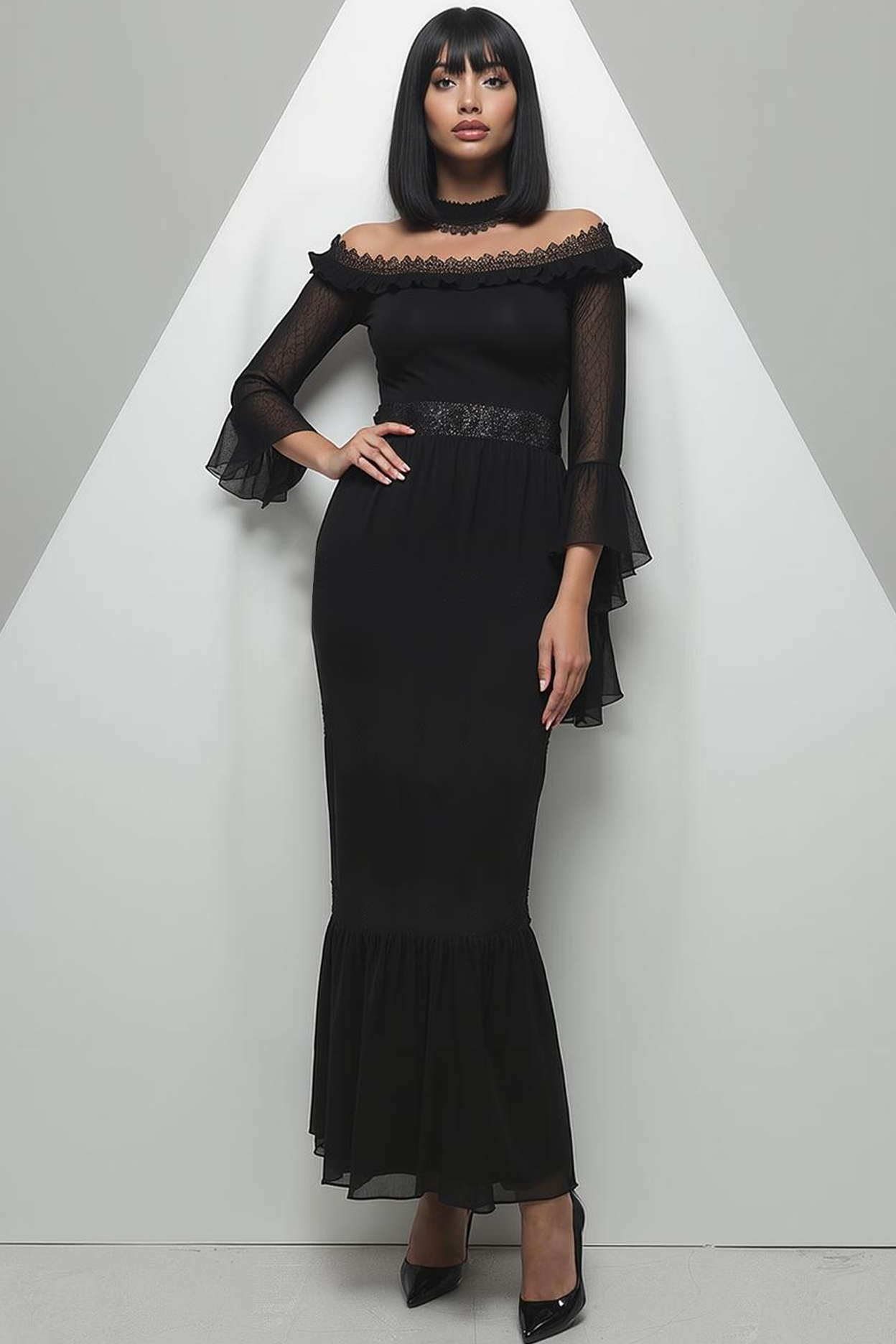 Black Chiffon Mermaid Ruffled Long Evening Dress with Sleeves