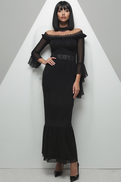 Black Chiffon Mermaid Ruffled Long Evening Dress with Sleeves